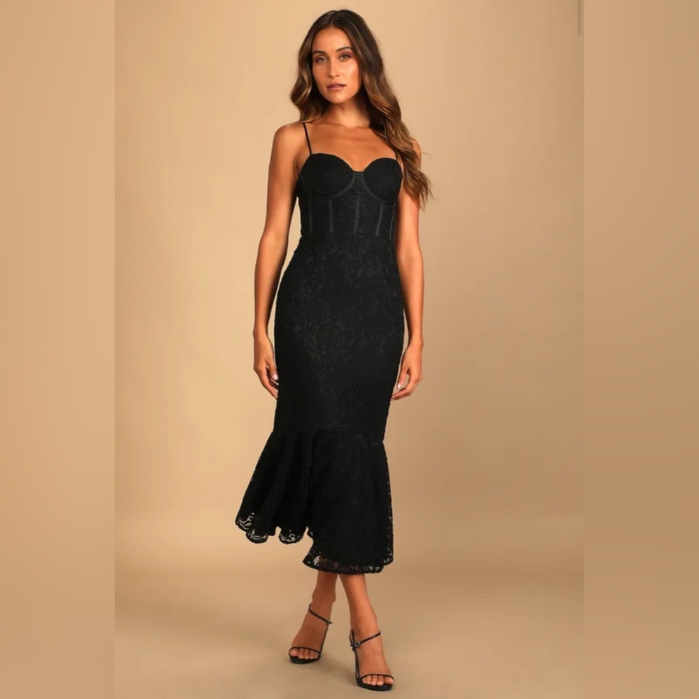 Lulus Found Your Love Black Lace Sleeveless Trumpet Midi Dress